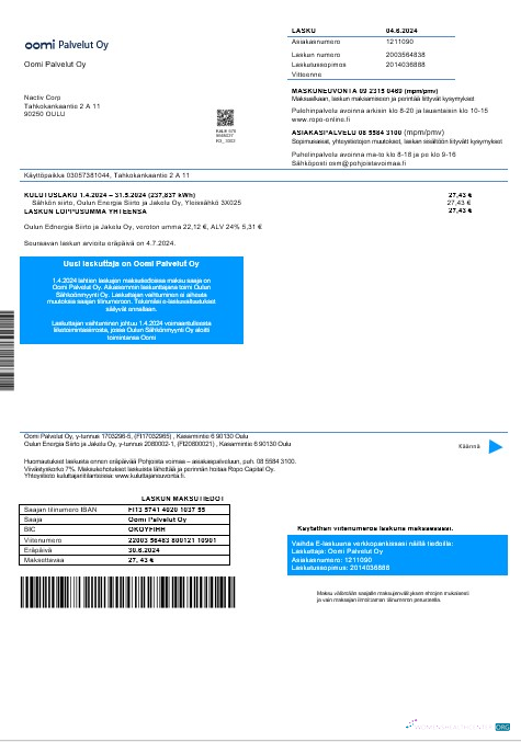 Finland Oomi Palvelut Oy electricity business utility bill in word and pdf formats